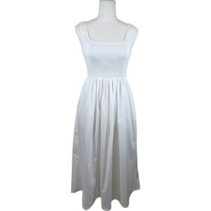WAYF White Smocked Square Neck Sleeveless Cotton Blend Midi Dress w/Pockets